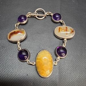 Fossil Coral + Amethyst Sterling Bracelet. Artisan Mixed Stone Statement | 33g |